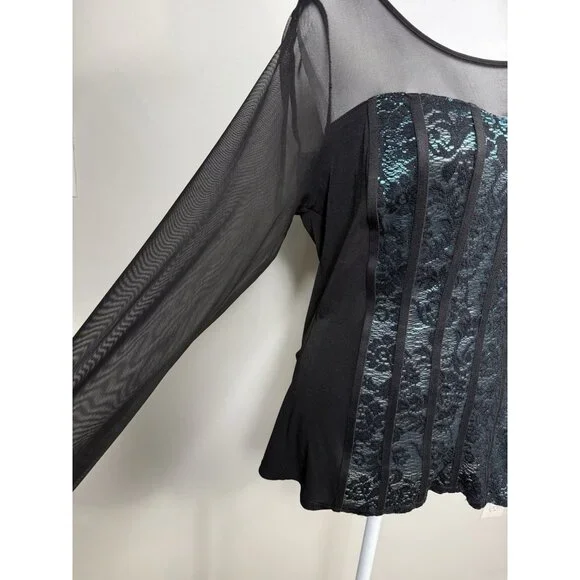 Vintage Black Sheer Corset Lace Long Sleeve Top Fairy Grunge Whimsigoth Sexy L - Picture 5 of 10